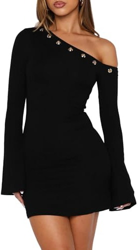 OOQONQ Women's Fall Off The Shoulder Long Flared Sleeve Mini Dress Neckline with Silver Eyelet Bodycon Party Club Dresses (US, Alpha, Small, Regular, Regular, Black)