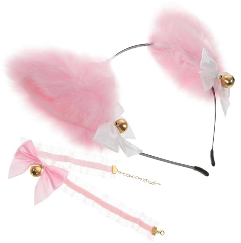 Alipis Bandeau Chat en Dentelle Oreilles de Chat et Collier à Clochettes en Métal, Accessoire Cosplay pour Fête D'anniversaire et Coiffure Mignonne