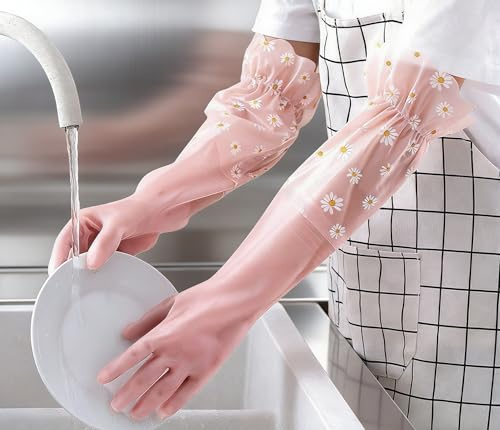 ITISMUNGO Dishwashing Cleaning Gloves Thick Waterproof Tear-Resistant Household Rubber Cleaning Gloves with Long Elastic Cuffs for Kitchen Laundry Fruits Gardening (Pink, Lace)