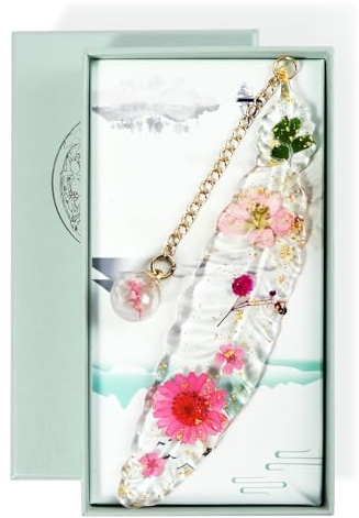 AUAUY Marque-page Plume, Marque-pages en Résine de Fleurs Séchées | Cadeau Personnalisé Femme, Accessoires de Livre pour Amateurs de Lecture, Enseignants, Étudiants, avec Coffret Cadeau
