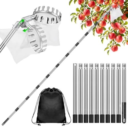 Kkluno Recogedor de frutas de 4,2 m con mango telescópico, rotación de 360°, recogedor de manzanas extragrueso, bolsa ajustable, recogedor de ciruelas para cerezas, ciruelas, mango telescópico de