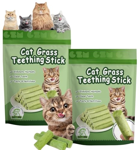 2PCS Cat Grass Teething Sticks, Freeze Dried Cat Grass Sticks Snacks for Cats Dental Care, Natural Chicken Flavor Cat Treats for Teeth Cleaning & Hairball Removal, Cat Dental Chews & Catnip Sticks