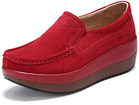Solshine - Mocassini da donna in pelle scamosciata con zeppa e tacco a cuneo, leggeri, senza lacci, scarpe casual, sneakers, Rosso, 36 EU