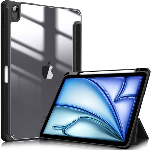 Fintie Hybrid Hülle für iPad Air 11 Zoll M4/M3/M2 (2026/2025/2024), iPad Air 5./4. Gen (2022/2020) 10,9 Zoll, mit Stifthalter, stoßfeste Schutzhülle mit transparenter Hartschale, Schwarz