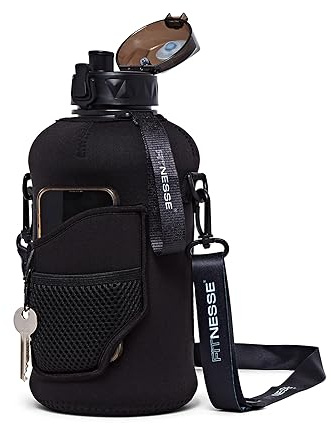 Fitnesse 2.2L Water Bottle with Straw and Covered Lid – Phone & Key Storage - Drop proof - Leak Proof - Shoulder Strap and Handle – Large Gym Water Bottle – BPA Free – Black