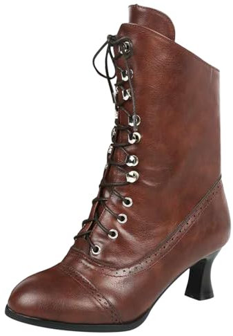 Briskorry Bottines vintage victoriennes pour femme - Bottes en cuir - Style rétro gothique - Steampunk - En cuir synthétique - Bout pointu - Bottes de moto à lacets - Pour la fête de la bière, marron,