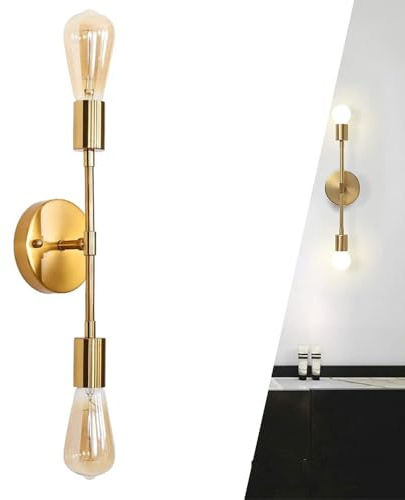Applique da Parete Interno con 2 Luci E27 Lampada a Muro in Metallo Lampada da Parete Retro Nero Faretti a Muro Bagno Specchio Moderne Soffitto Doppia Testa Retro per Soggiorno Corridoio (Dorato)