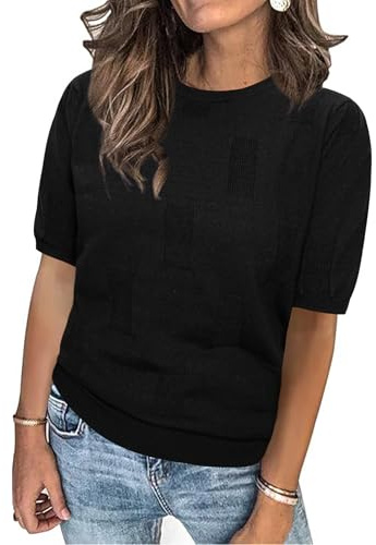 Totatuit T-Shirt Femme Été Chemisier Chic Blouse Col Rond Tops à Manches Courtes Hauts Décontracté Tricoté Mode Ample Top Imprimé Tunique Noir，XL