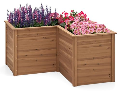 COSTWAY Letto Rialzato da Giardino in Legno, Fioriera da Esterno a Forma di L con Base Aperta, Aiuola per Frutto, Erbe, Verdure e Fiori da Blacone, Cortile e Prato, 120 x 120 x 63 cm (Marrone)