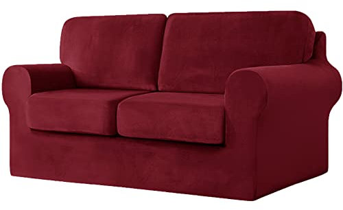 5-Piece Stretch Velvet Loveseat Cover,Sofa Slipcovers,2 Seater Couch Slipcover With Separate Backrests And Cushions Covers With Elastic Band Anti-Slip Furniture Protector(Burgundy)
