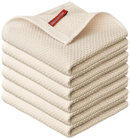 Artoid Mode Waffel Beige paños de cocina y paños de vajilla 100% algodón suave, juego de 6 unidades, 30 x 30 cm, lavables, absorbentes, trapos para lavar platos, limpieza de cocina