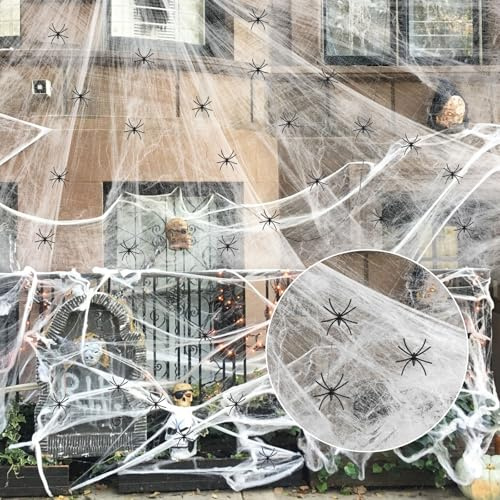 Ragnatela decorativa per Halloween, 200 g, bianca, decorazione per esterni, con 55 ragni horror nero, grande ragnatela, decorazione spaventosa per esterni, giardino, porta, finestra, camino, case