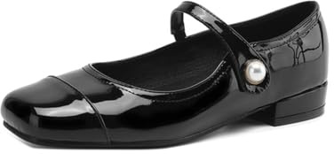 Ballerine Mary Jane da Donna Pelle Verniciata Fibbia con Perle Punta Quadrata Tacco Basso Grosso Slip on Scarpe Casual Abito Festa Ufficio,Nero,40 EU