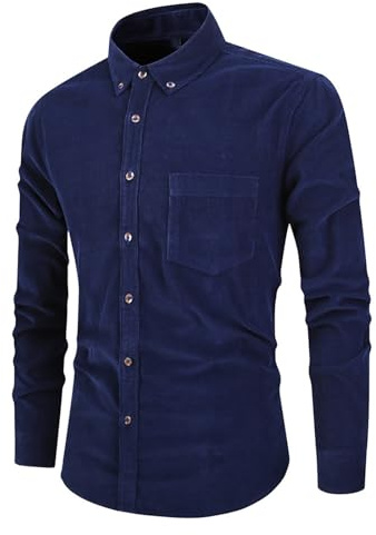 Camicia in velluto a coste, da uomo, elegante, vestibilità stretta, per il tempo libero, in flanella, con maniche lunghe, con pulsante basso, camicia a maniche lunghe, tinta unita, vestibilità normale