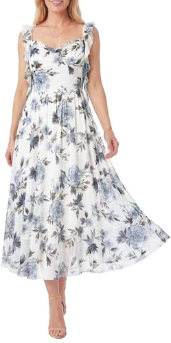 Newshows Women Summer Dresses Spaghetti Strap Mesh Maxi Dress Ladies A Line Flowy Floral Sundress