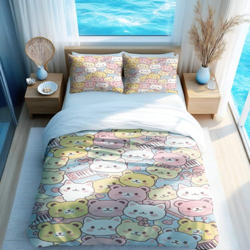 Kawaii Cartoon Bear Duvet Cover Set Pastel Retro Cassette Radio 3-Piece Japanese Style Multi-Size Selection No Comforter (02,Full 79x90in)