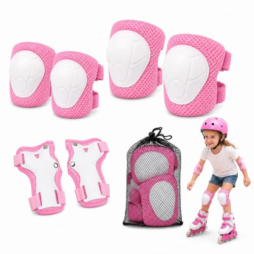 Kids Protective Gear Set 6PCS, Adjustable Knee Elbow Wrist Guards with Mesh Bag, Safety Protector for Kids Boys Girls, for Skateboard Roller Skating Biking Scooter Outdoor Sports (Pink)