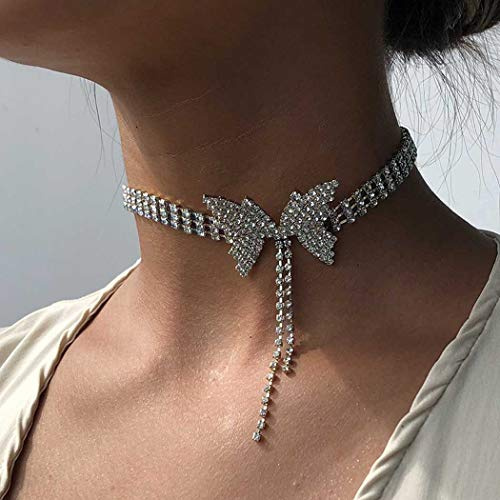 Sethexy Etincelant Strass Pampilles Tour de cou Paillettes Nœud papillon Collier Nœud papillon Chaîne de tennis Fête Boîte de nuit Mariage Bijoux fantaisie pour femmes