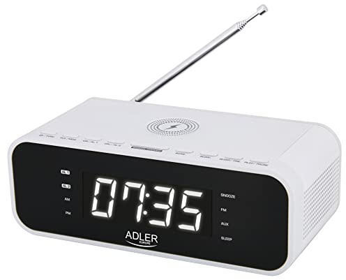 ADLER AD 1192W Radiowecker mit kabellosem Ladegerät Bluetooth 5.0 UKW-Radio 30 Sender Speicher Digitaler Wecker AUX-Eingang Snooze-Funktion Teleskopantenne (Weiß)