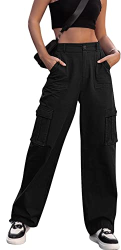 Dordanity Y2K Cargohose für Damen Baggy Hosen High Waist Wanderhose Baumwolle Arbeitshose mit Multi Taschen(Schwarz,L)