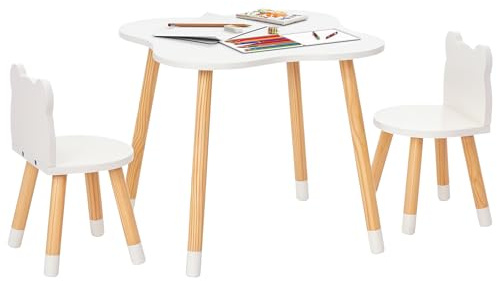 HOMCOM Set Tavolino per Bambini e 2 Sedie, Tavolo per Bambini 1-4 Anni e Sedie a Orsetto in Legno per Cameretta, Bianco