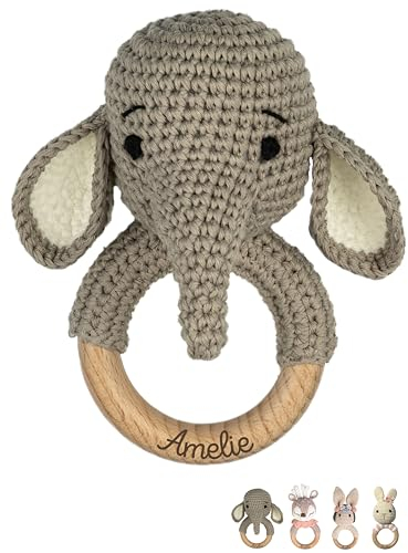 wunderwunsch® - Personalisierter Beißring Baby - Niedlicher Greifling für Baby's ab 0 Monate - Babyrassel mit Name als Baby Geschenk für Mädchen und Jungen (Elefant,ohne Gravur)