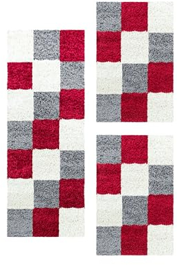 Carpetsale24 Set di corridori a pelo lungo per bordo letto con design a quadri, 3 pezzi, Adatto per riscaldamento a pavimento, Morbido e soffice, 30 mm in polipropilene, retro in juta Colore: Rosso