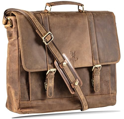 MATADOR XXL Echt Leder Umhängetasche Herren Damen 'DUBAI | Laptoptasche Notebook 17+ Zoll | Aktentasche Laptop Uni Tasche Leder Gross | Arbeitstasche Männerhandtasche Schultertasche | Hunter Braun