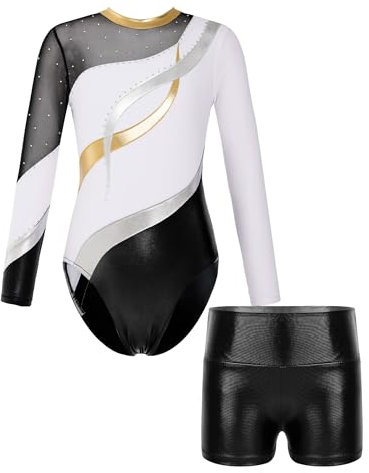 FEESHOW Mädchen Gymnastikanzug Langarm Mit Hose Ballett Turntrikot Gymnastik Body Shorts Set Kinder Tanzoutfit Athletic Wettkampf Trainingsanzüge Weiß 146-152