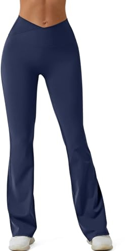 REORIA Women Wide Leg Trousers Yoga Pants Solid Color Flared Leggings with Cross Waistband Navy Blue L
