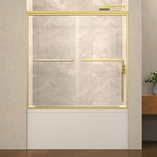 ENSO SENKA 60 W x 58 H Semi-Frameless Bypass Sliding Bathtub Shower Door, Easy-to-Clean Treated Clear Tempered Glass, Brushed Gold
