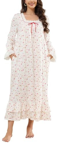 Rubehoow Camisón victoriano vintage de manga larga para mujer, vestido de pijama de algodón suave, ropa de dormir S-3XL, Vintage Rose, S