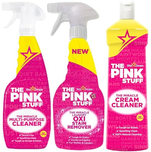 The Pink Stuff Lot de 3 produits de nettoyage multi-usages 850 ml, détachant Oxi (500 ml) et nettoyant crème (500 ml)