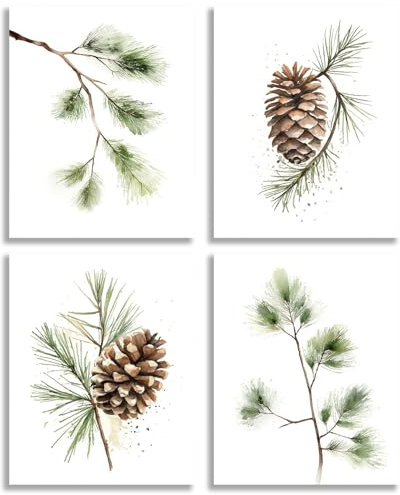 Watercolor Plant Pine Tree Canvas Wall Art 4 Piece 8x10 Inch Unframed | Minimalist Aesthetics Botanical Pine Tree Pinecone Posters Prints for Bedroom Bathroom Home Office Decor