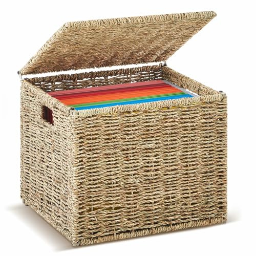 Marspark Seagrass File Box Organizers Decorative File Baskets for Hanging Folders Filing Cabinet with Lid Collapsible Letter Size Document Storage Box for Home Office Decor, Natural