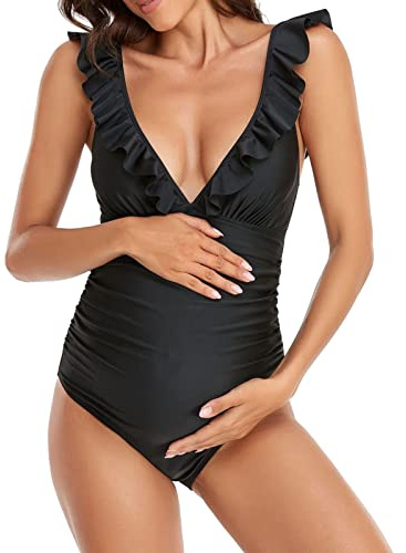 Chnnamzu Maillots Une Pièce Maternité,Maillot De Bain Femme Enceinte 1 Pieces Col en V Maillot De Bain Enceintes Bretelles Réglables Bikini avec Coussin De Poitrine Froncé Vetement De Plage