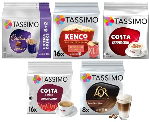 Tassimo Variety Box Costa, Kenco, Cadbury & L'OR Coffee Pods (Pack of 5, Total 56 Coffee Capsules)