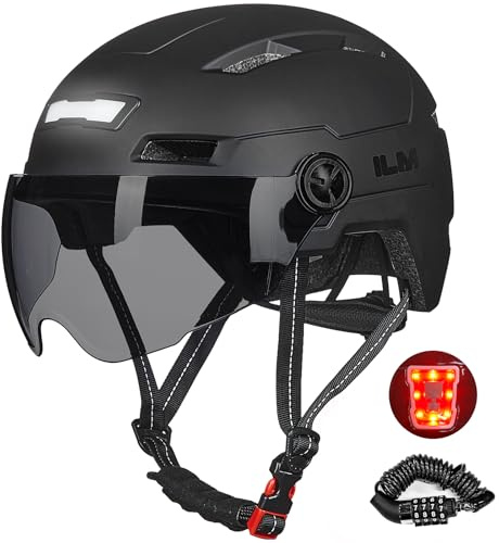 ILM Casco Bicicleta Adulto por Ciclismo Patinete Scooter Mujer Hombre con Candado Luz Delantera y Trasera LED Recargable por USB E3-10L,Negro Mate,L/XL