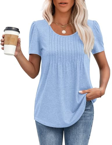 MOLERANI T Shirts for Women UK Round Neck Loose Casual Puff Short Sleeve Summer Tee Tops Front Pleated T Shirt Sky Blue 2XL