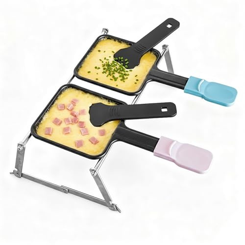 Kosmosta Mini Raclette Portátil para 2 Personas, 2 Sartenes Antiadherentes Azul y Rosa, 2 Espátulas de Nylon, Soporte Metálico Plegable, Raclette de Mesa para Camping, Picnic y BBQ