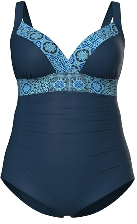 Ulla Popken Costume da Bagno con Design Ispirato alle Piastrelle, Coppe morbide e Spalline Regolabili Blu Scuro 52 847203750-52