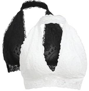GORGLITTER 2 Packs Lace Wireless Bras for Women UK Neck Sexy Halter Bra | Comfy Soft Fabric, Everyday Bralettes for Ladies, No Padding Bras, Halter Neck Bras for Women