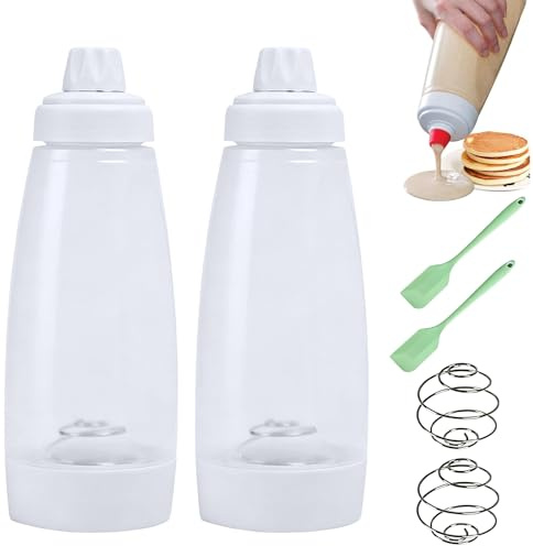 Yallmie Degportionerare pannkakor, 2 stycken klämflaskor degportionerare med lock och skala degdispenser doseringsflaska handdeg blandflaska för cupcakes muffins crêpes våfflor