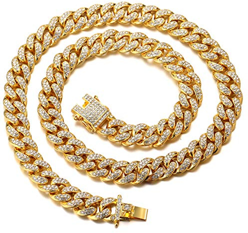 HALUKAKAH Catena oro per Uomo, 14/20MM Placcato Real 18k/Platino Bianco, Catena Cubana Bracciale Collana Girocollo, Diamanti da Laboratorio Set a Mano, Pacco Regalo Gratuito
