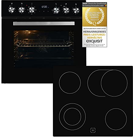 Exquisit Juego de cocina EHE157-UBZ-020 negro | 59 L de volumen del horno | eficiencia energética A | temporizador | recirculación | vitrocerámica
