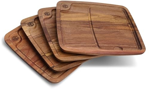 HexClad 4-Piece Bistecca Wooden Steak Plate Set with Juice Channel for Meats, Stackable Design with Straight Edges and Completely Flat Base, Easy to Clean, Lightweight and Durable