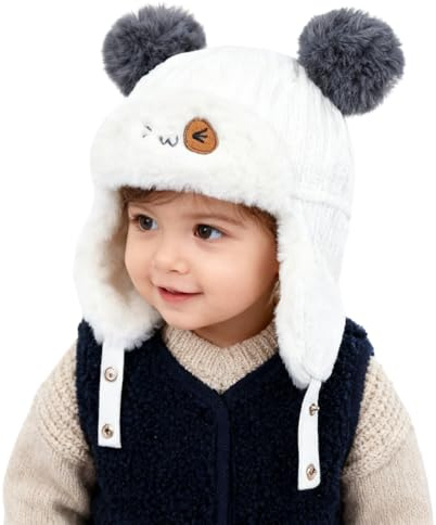 ITODA Bonnet Hiver pour Enfant Chapeau Chaud pour Bébé en Tricot Doublé de Polaire Cagoule Hiver avec Pompon pour Filles Garçons Bonnet Tricoté Hiver Chaud Épais pour Les Enfants 5-36 Mois, Blanc