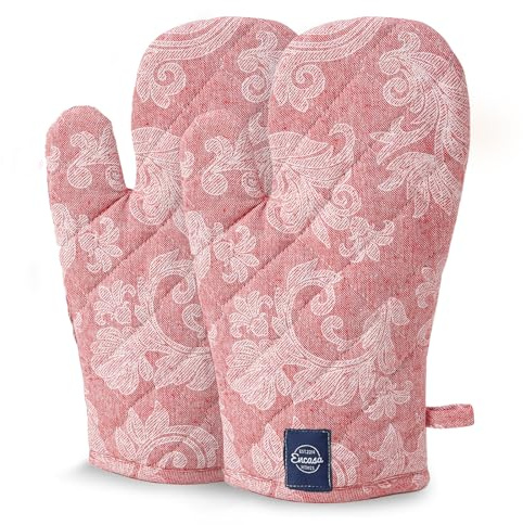 Encasa XO Guanto Da Forno | Gants Per Microonde, Cucina E Uso In Cucina | 18x30 cm | Porta Utensili In Cotone - Tessuto Chambray (Confezione Da 2, Rosso)