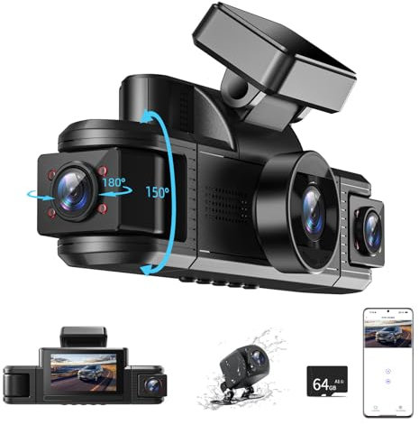 Adelagnes Dashcam Auto Vorne Hinten mit WiFi,Dash Cam Auto Kamera 3,18 IPS Bildschirm,Kostenlose 64 GB Karte,Nachtsicht,G Sensor,Loop-Aufnahme,170°Weitwinkel WDR