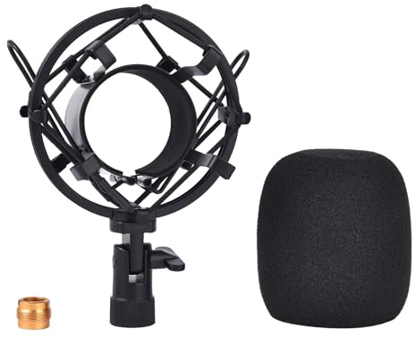 Lukvcoe Universal Microphone Shock Metal Mount, Mic Clip Holder Stand (with Windshield) for Condenser Microphones (47-53 Mm) - All-Metal, Sturdy Recording Stand - Black